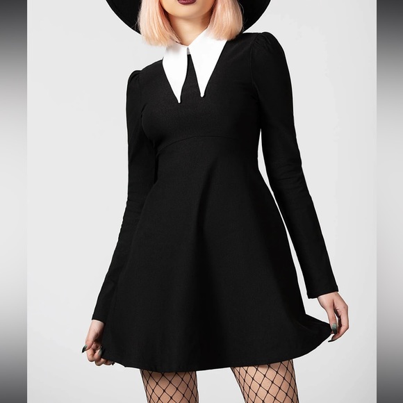 Killstar Dresses & Skirts - Killstar Black Cathedral Woven Viscose Exaggerated White Collar Skater Dress S